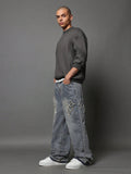 Calça Denim Solto com Aplicação Stars