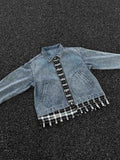 Jaqueta Washed Distressed Patchwork Faux Two-Piece Denim